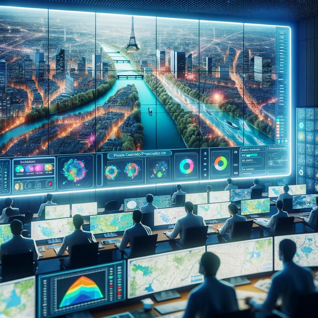 a realistic image illustrating advanced mapping and precise forecasting for flood prevention. The image should show a high-tech control center La cartographie avancée et les prévisions précises