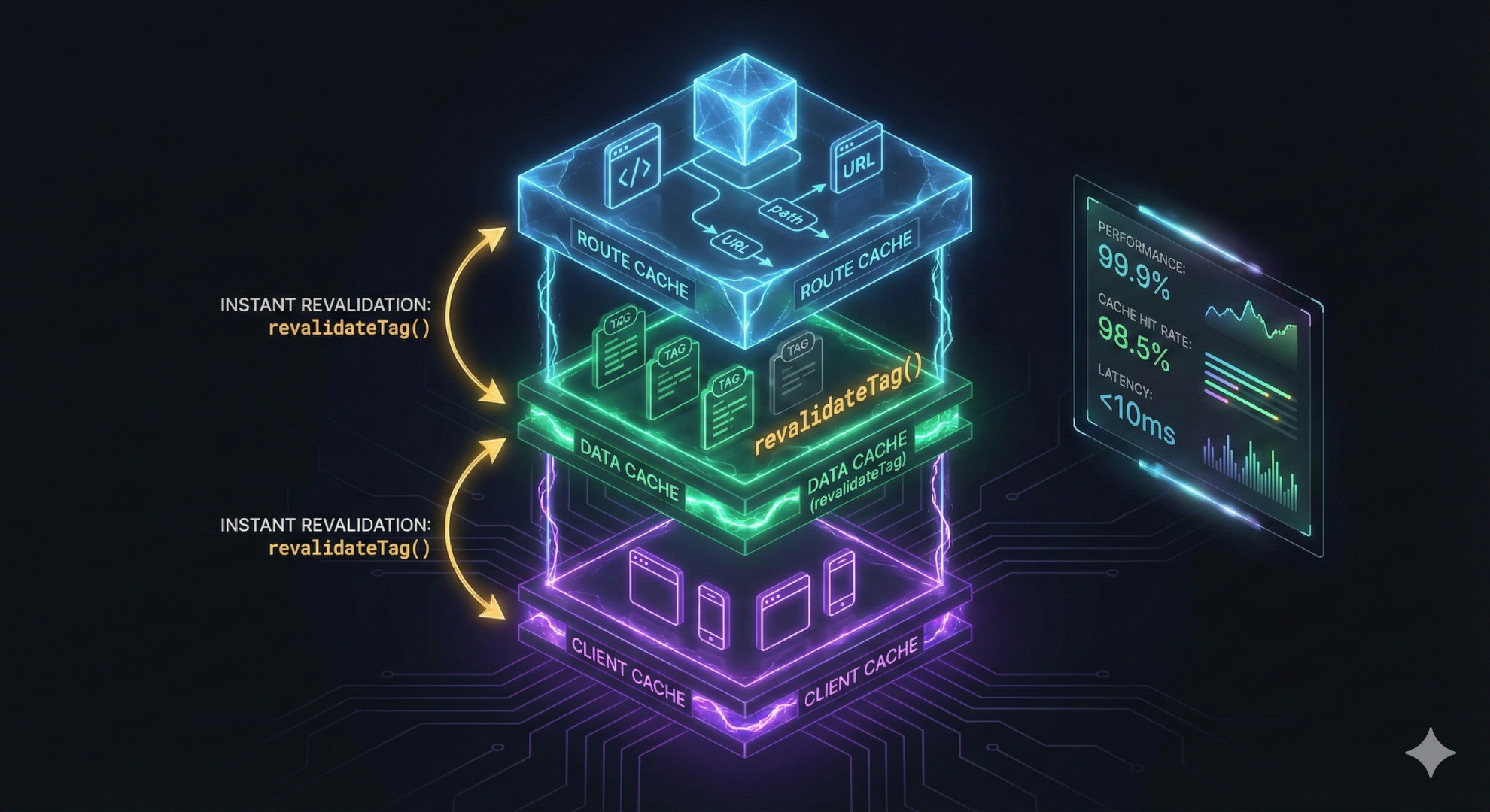 Diagrama arquitectónico de capas de caché en Next.js 16 mostrando revalidateTag y revalidación on-demand