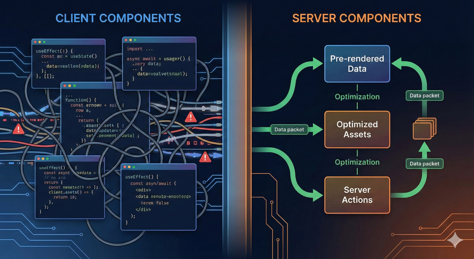 Ilustración conceptual de React Server Components integrados en una app (RSC y cliente trabajando juntos)