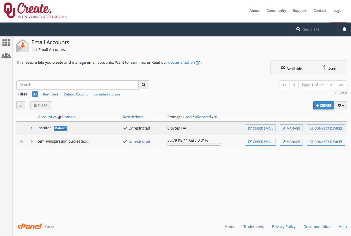 A screenshot of the email accounts tool within OU Create showing an email account and the check email, manage, and connect devices optiosn.