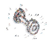 A group of people in the shape of dumbbells, a flash mob.