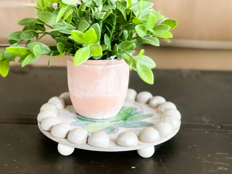 Gray dollar tree wood riser with a green plant on top.