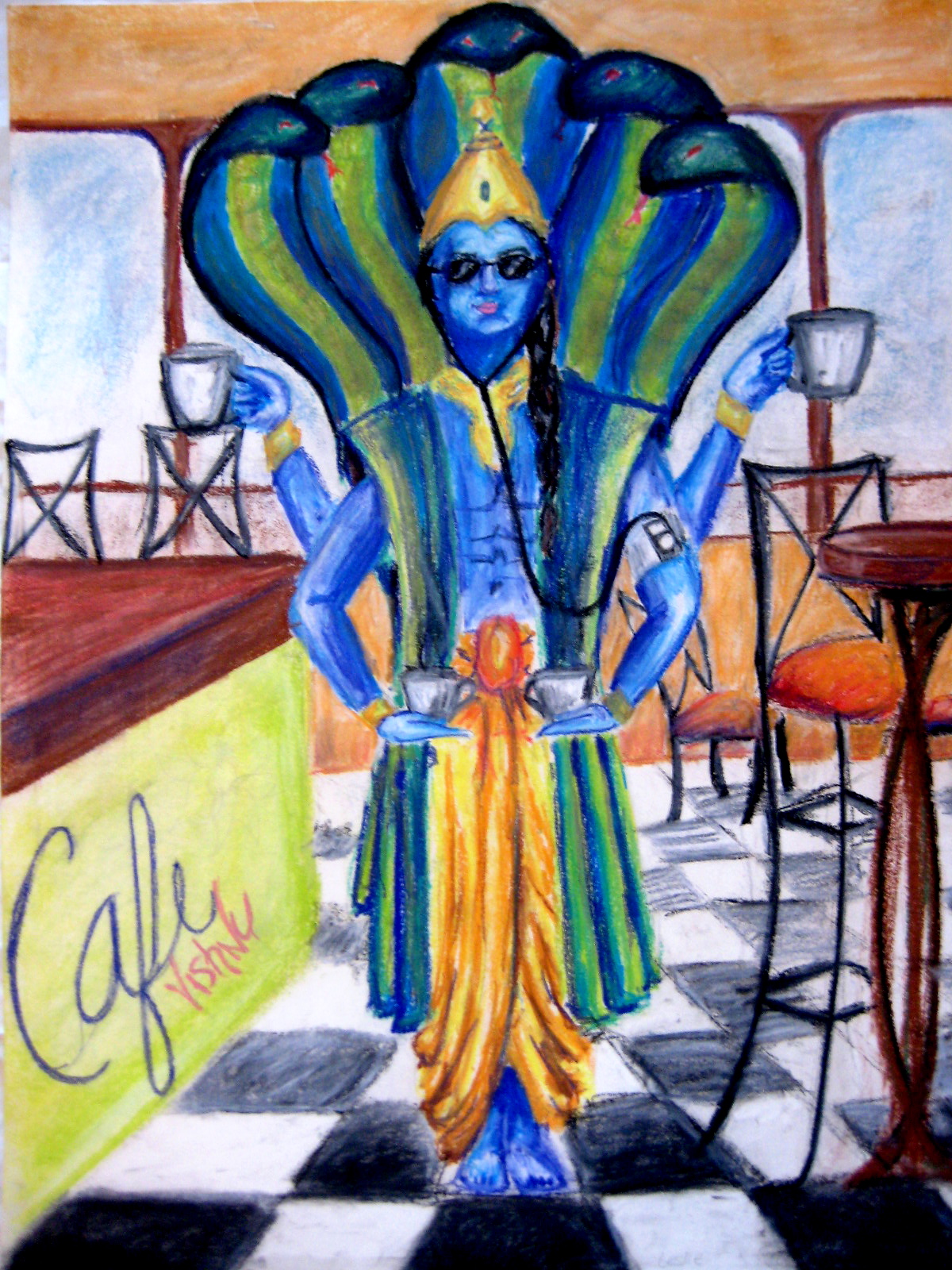 pastel and conte crayon on drawing paper. Assignment: place a god in a modern setting.