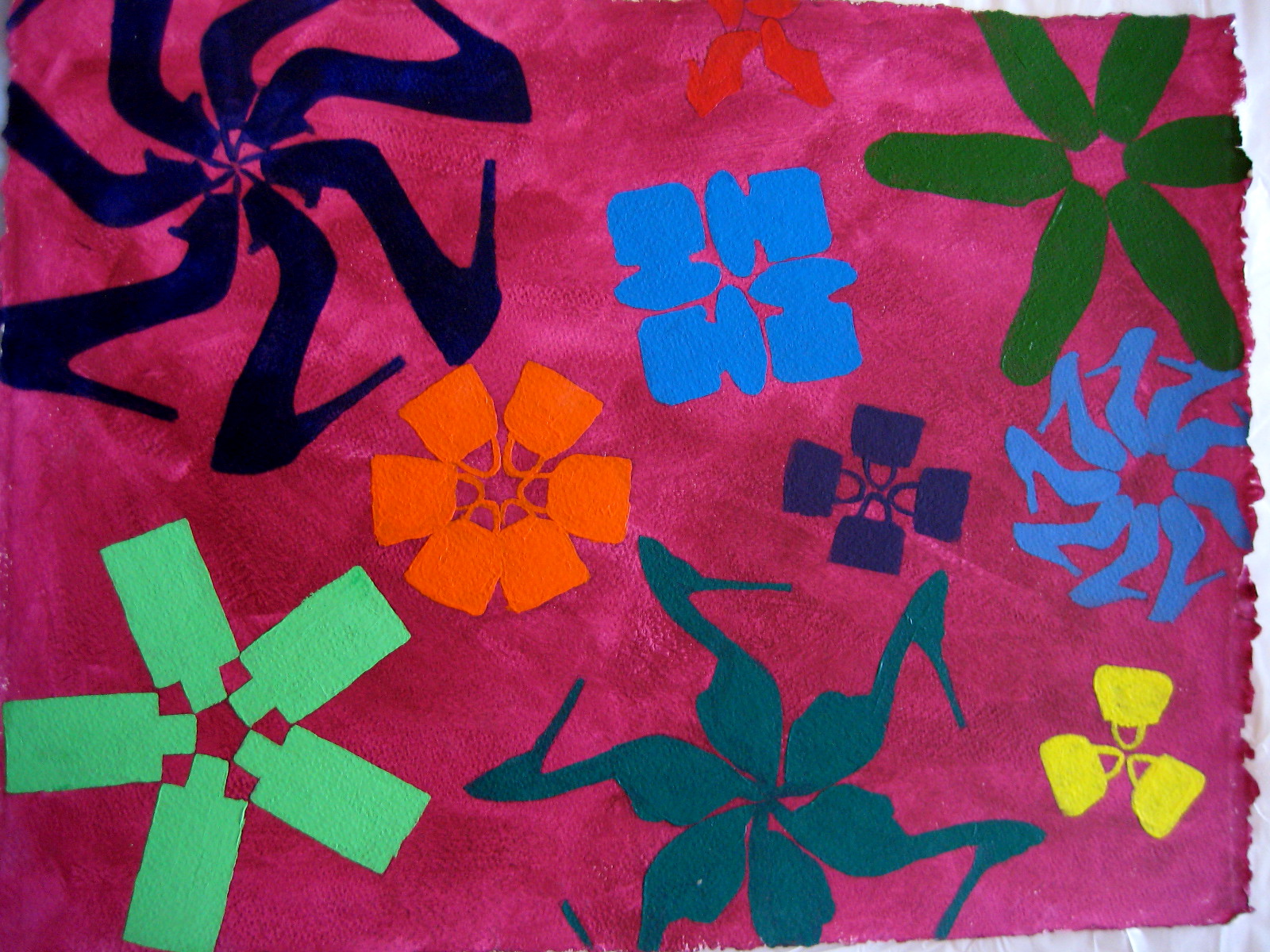 acrylic pain on watercolor paper. Note the flowers are made with the silhouette of shoes, handbags, and perfume bottles.