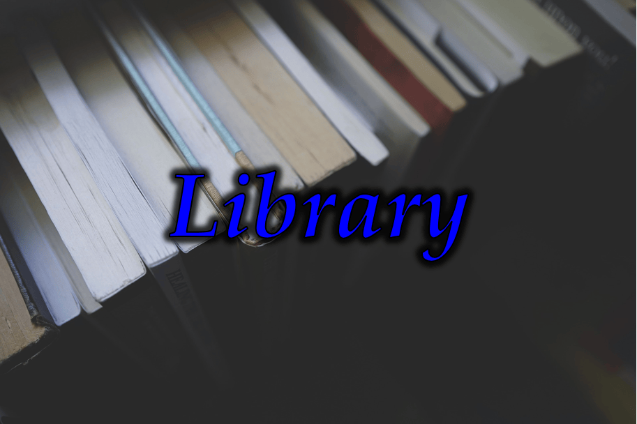 Books on a shelf with title text