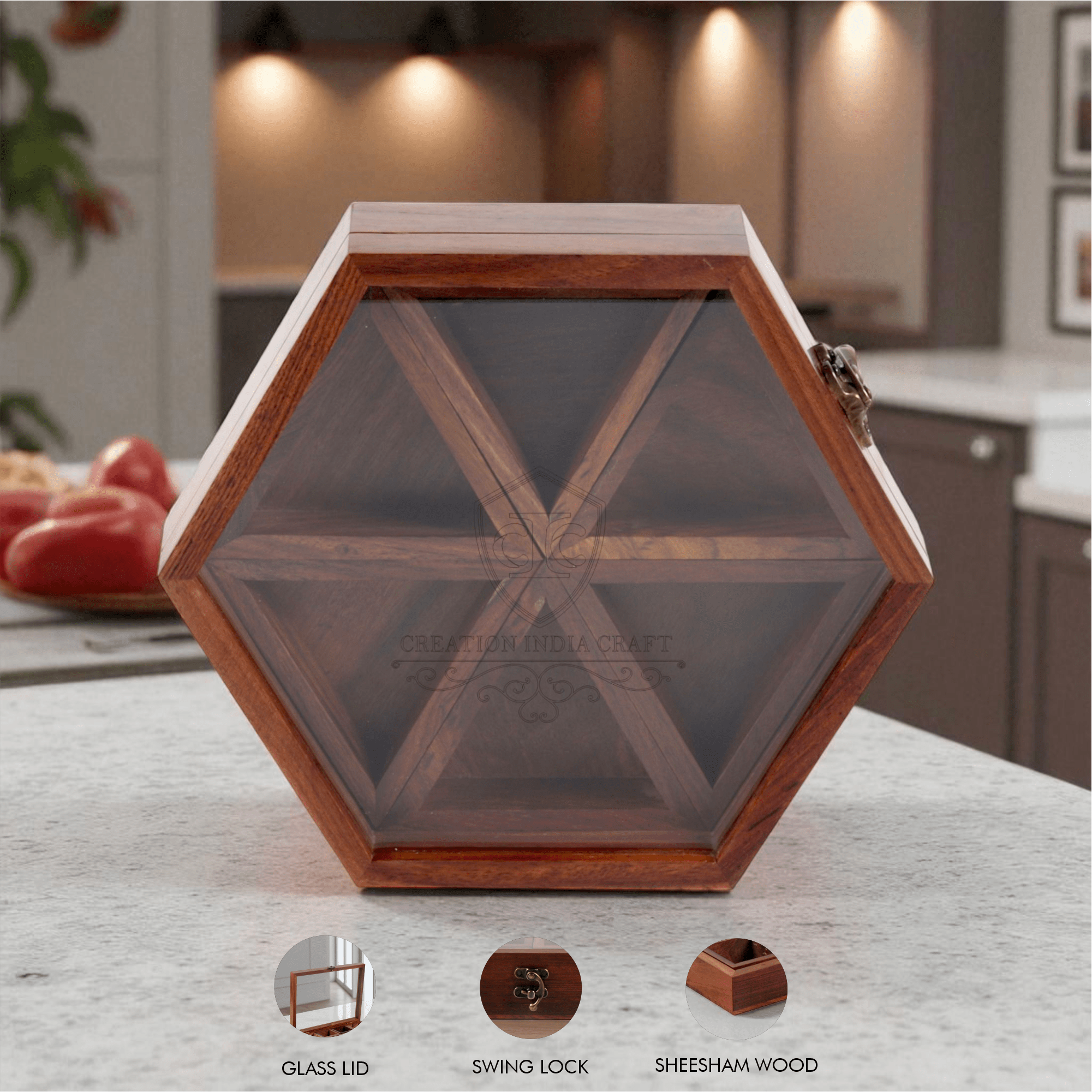 Wooden Spice Box, Masala Dani, Hexagonal Masala Box - 6 Containers with Spoon - Image 7