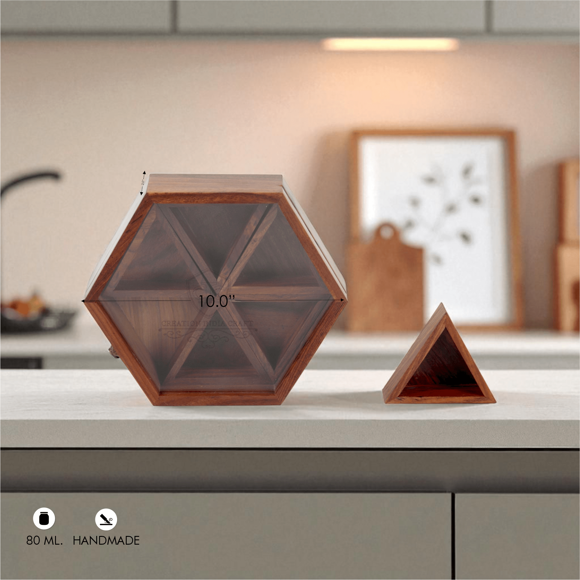 Wooden Spice Box, Masala Dani, Hexagonal Masala Box - 6 Containers with Spoon - Image 8