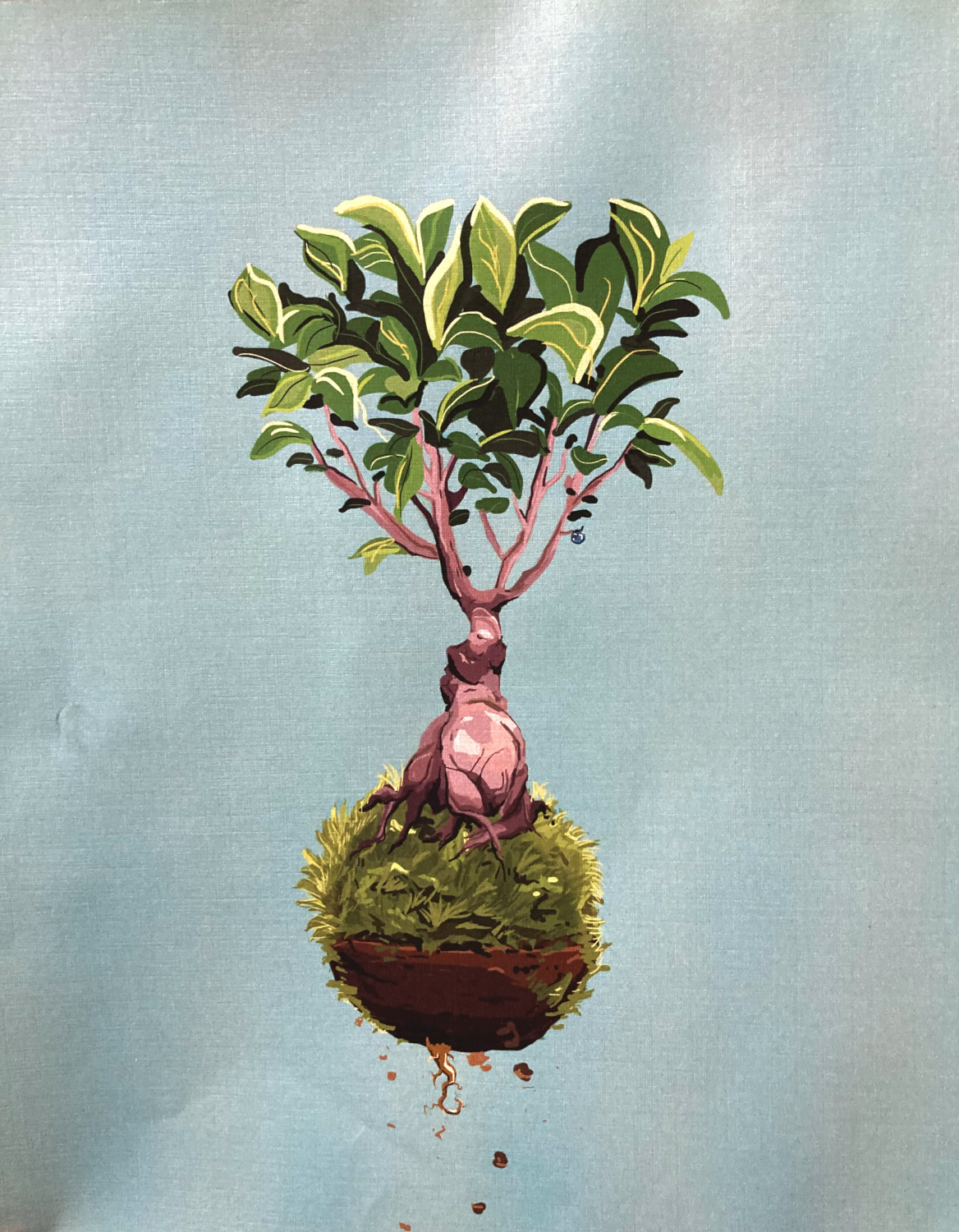 A digital painting of a tree planted on a small circular piece of soil with its roots exposed.
