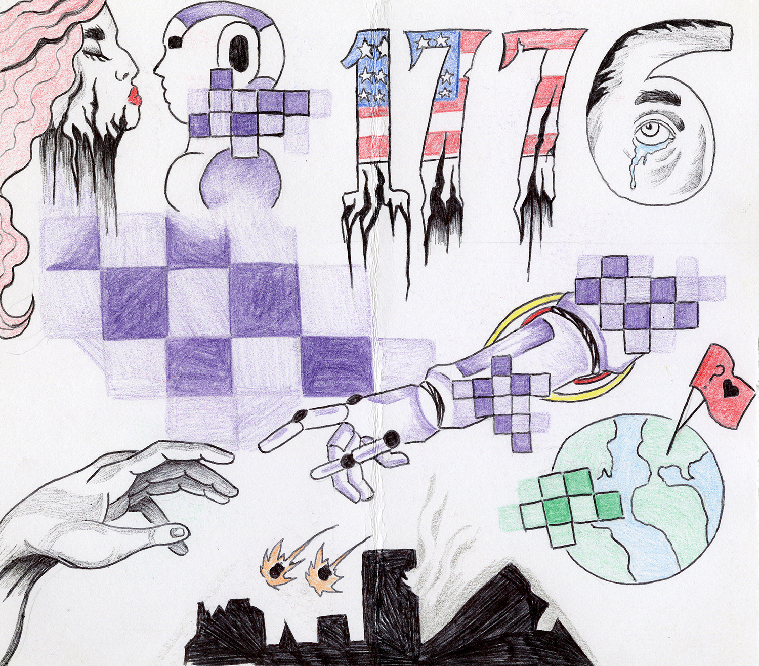 A collage of different drawings; a human and robot reaching to touch or kiss. 1776 filled in with the US flag and the 6 is a crying eye, the globe with a red flag including a question mark and heart. throughout there are puzzle like blocks shaded purple and green.