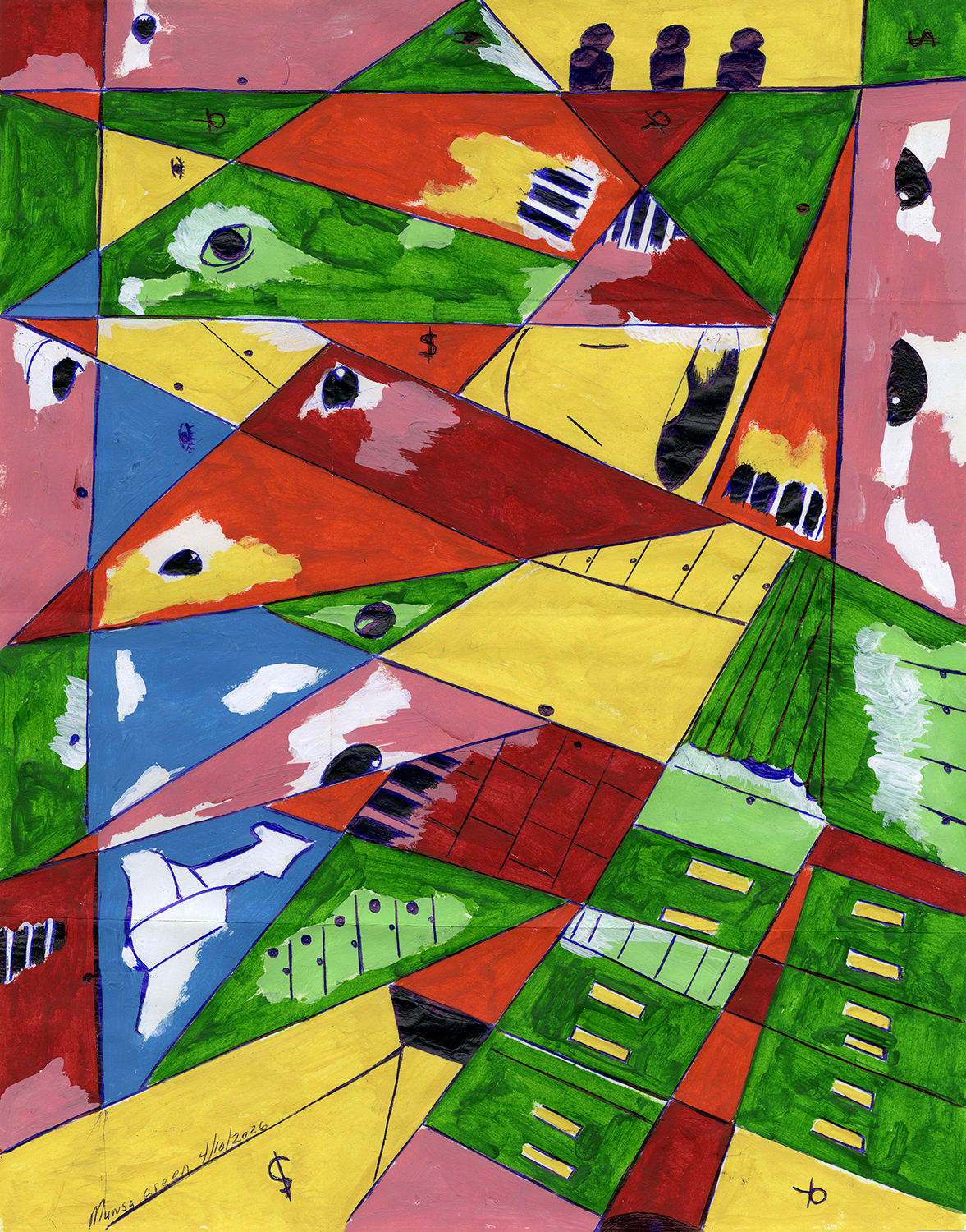 Angular colored blocks with different symbols inside, people, eye balls, clouds, dollar signs and boxes.