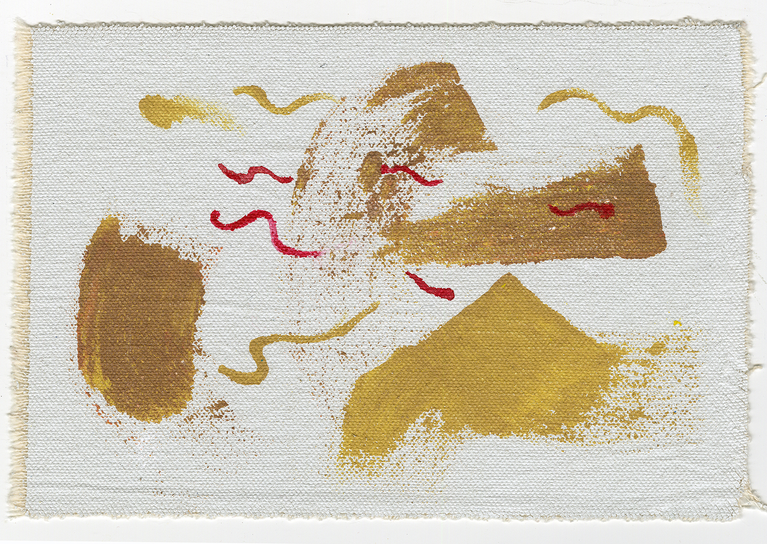 Abstract acrylic painting. Spare paint work, much of blank canvas visible. Several thick brush strokes in gold paint. Several gold and red squiggles across the image.