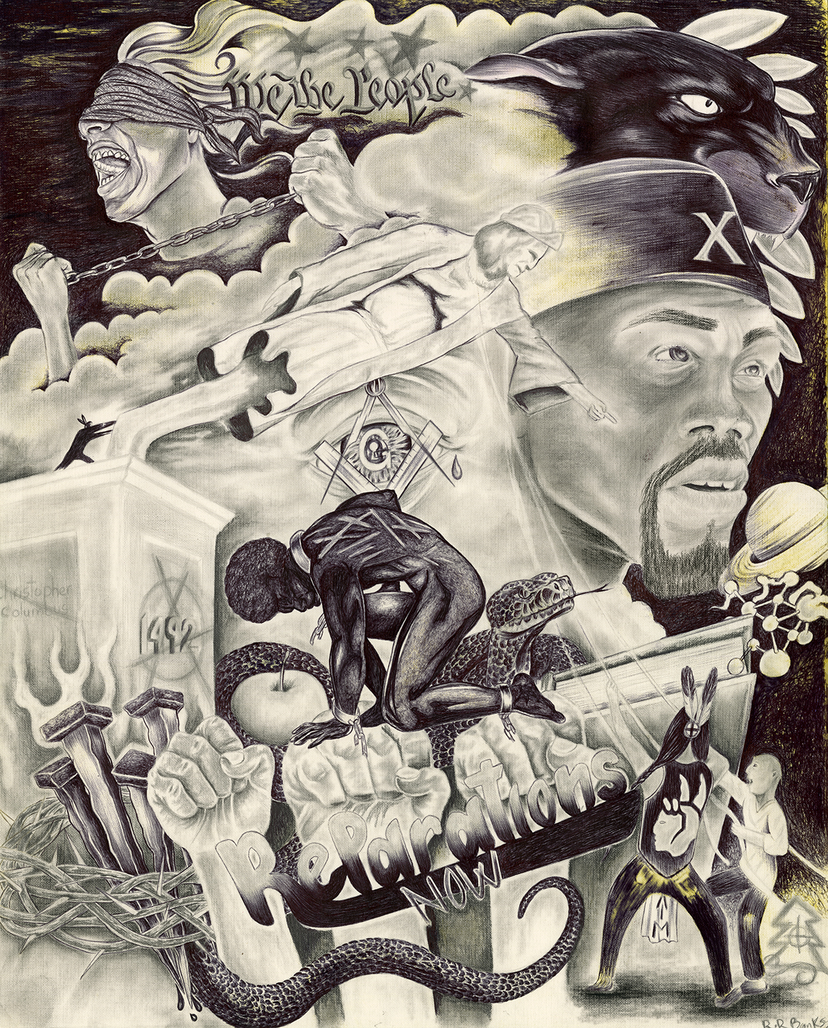 Collage of many small scenes: Black man kneeling with large scars on back and broken chains around neck, wrists, and ankles; Anarchist A over 1492; people with feathers in hair pushing and pulling statue of Christoper Columbus with ropes; Three fists behind "Reparations Now;" among others