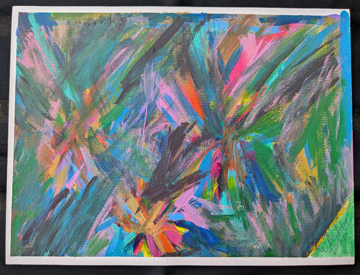 Abstract painting with a mix of muted and bright colors, with three bursts of colors.