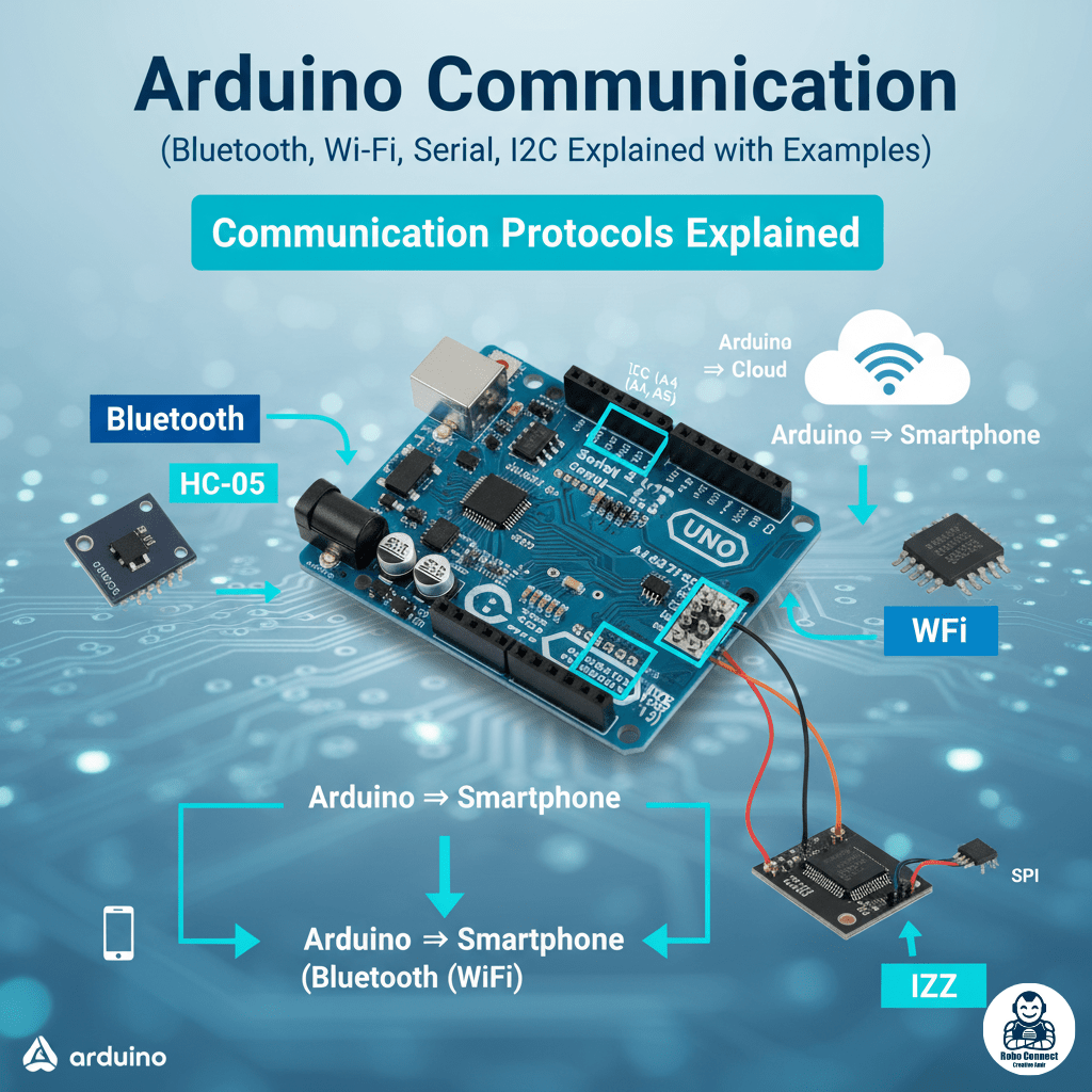 Arduino Communication (Bluetooth, Wi‑Fi, Serial, I2C, SPI Explained with Examples)
