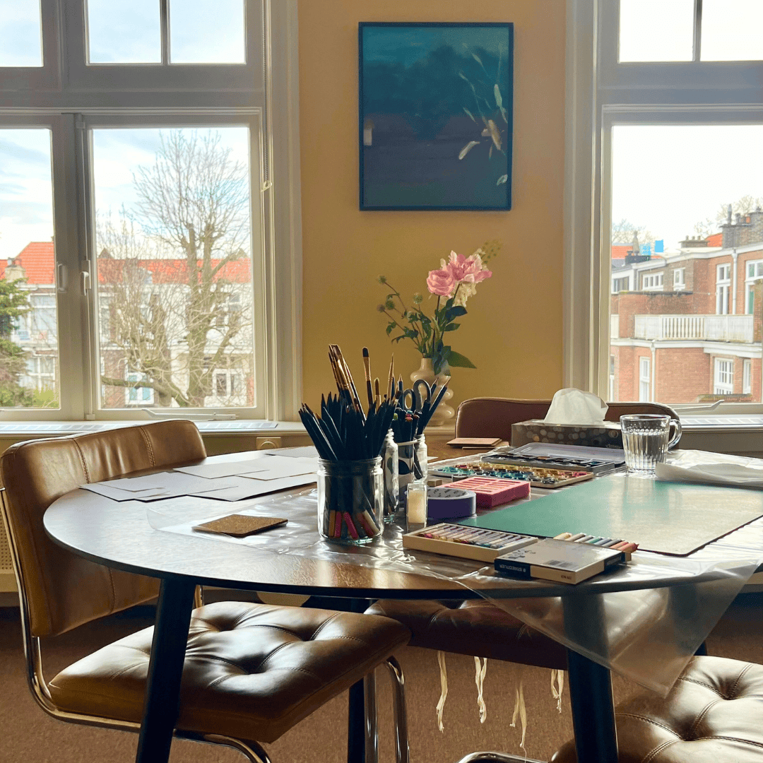 A table set up with art therapy supplies