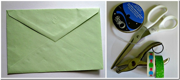 supplycollage supplies needed for an envelope gift holder including an envelope, washi tape, scissors, a hole punch, and ribbon