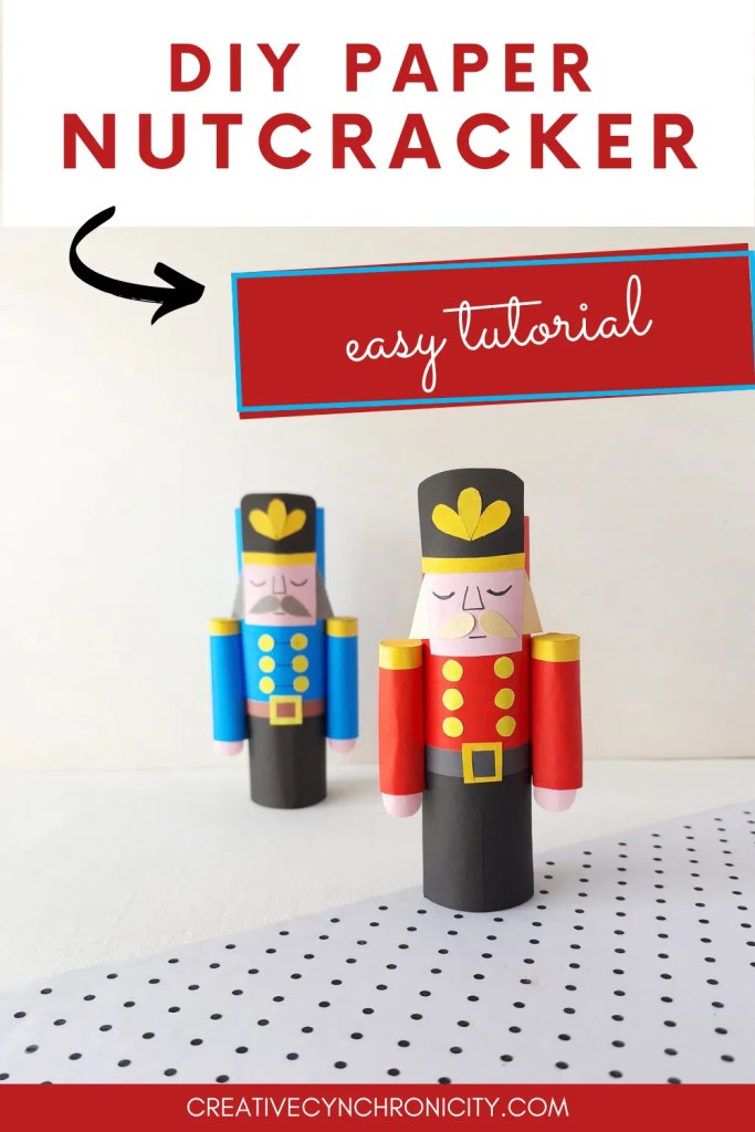 Pinterest image with two paper nutcracker crafts and a red label reading “Easy Tutorial” under the header “DIY Paper Nutcracker.”