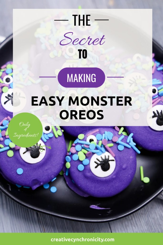 Purple candy-coated Oreo monsters with colorful sprinkles and candy eyes, featuring text reading The Secret to Making Easy Monster Oreos and Only 4 Ingredients.