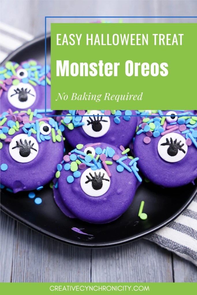 Purple Monster Oreo cookies decorated with blue, green, and purple sprinkles and candy eyes, with text reading Easy Halloween Treat, Monster Oreos, No Baking Required.