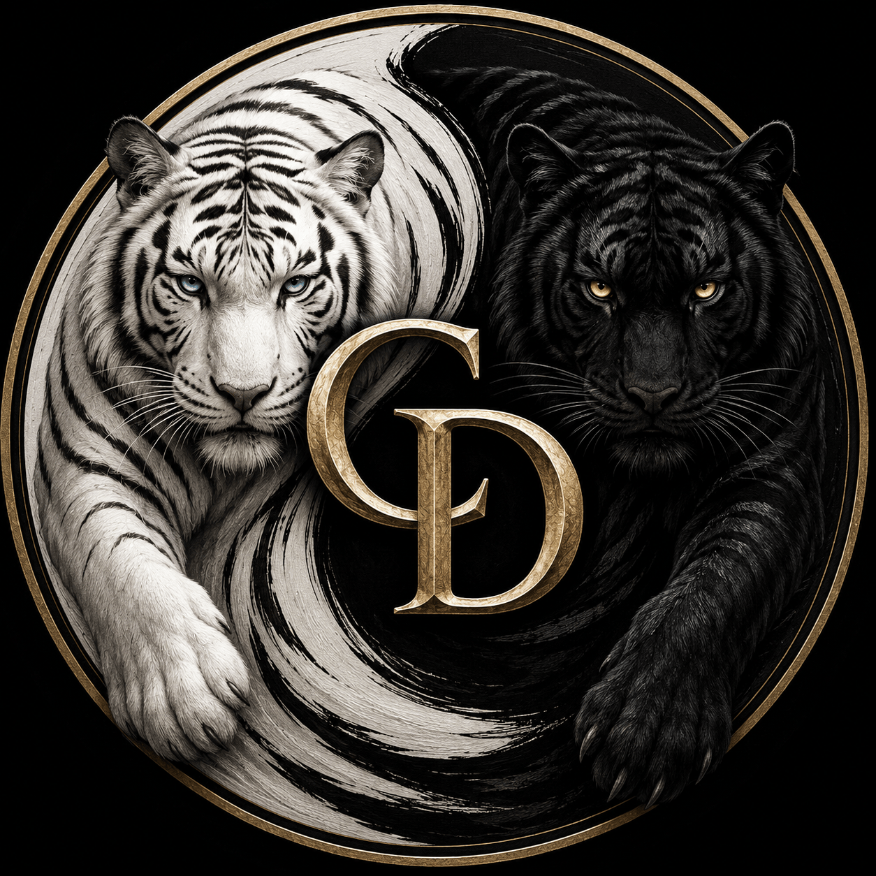 Creative Duo Books logo with a white tiger and black tiger surrounding gold CD initials