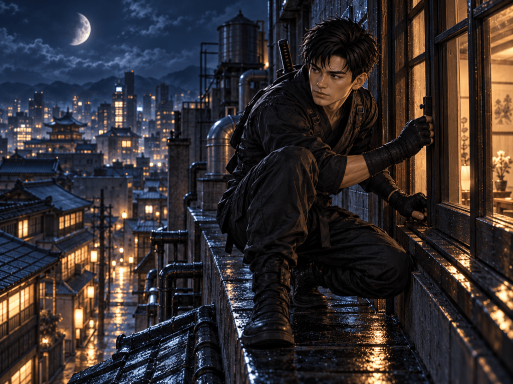 Jason Law in ninja gear breaking into a building from a rooftop at night under a waning moon