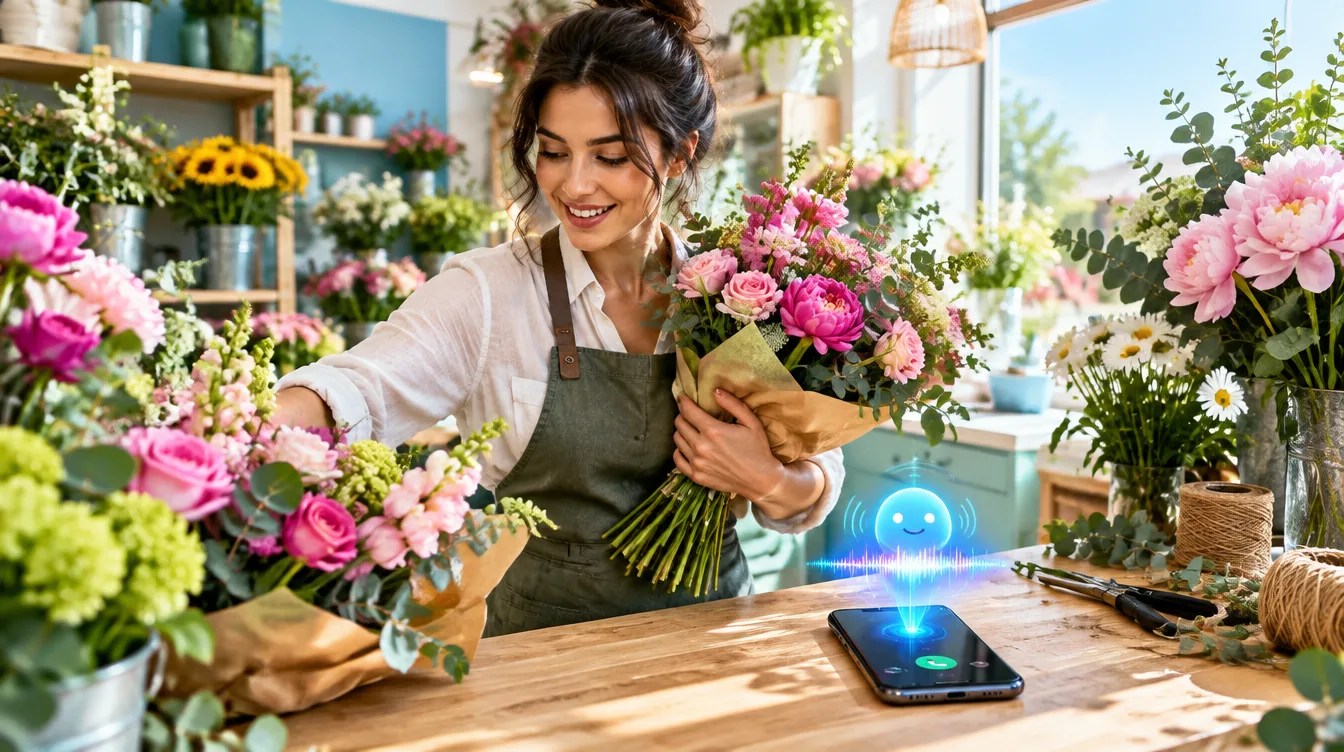Florist using an AI receptionist to answer a customer call while she works