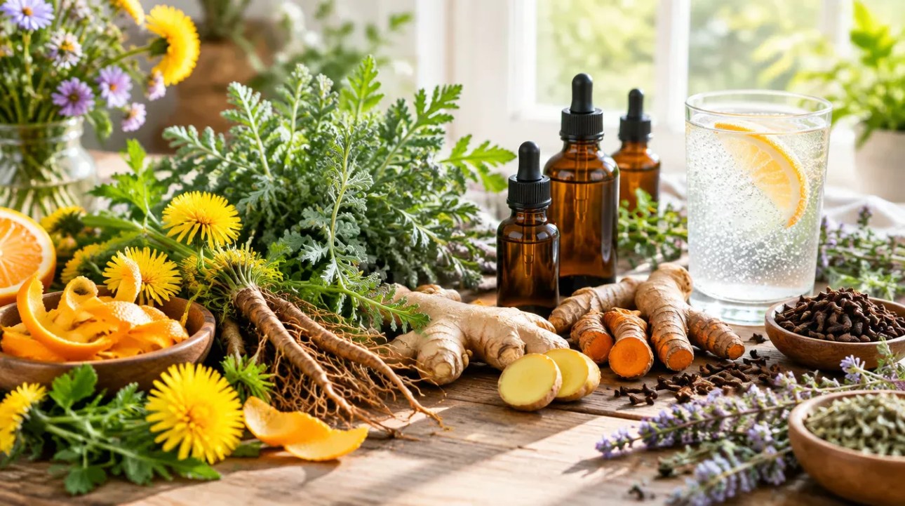 Colorful bitter herbs and botanicals on a sunlit wooden table