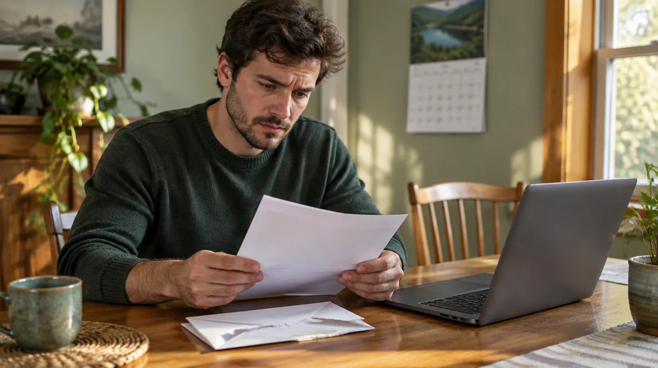 Man reading court papers at his dining table to avoid a default judgment