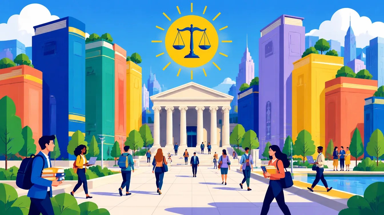 Lawtopolis illustrated as a colorful city of law books around a courthouse