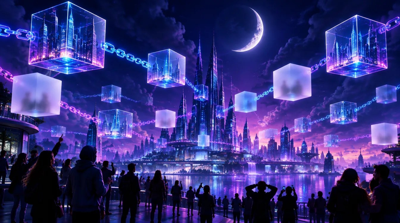 Midnight NIGHT token concept art with a crescent moon over a blockchain city