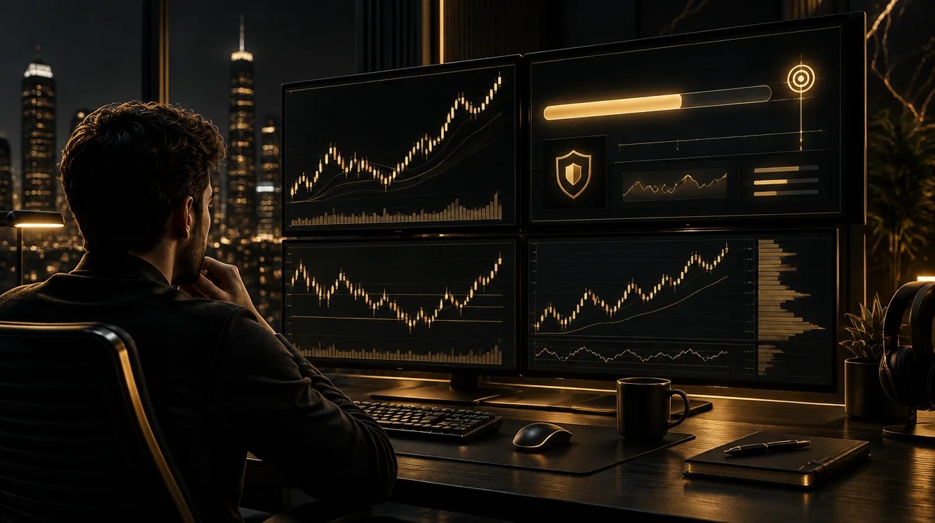 Prop firm funded account trader watching futures charts at night