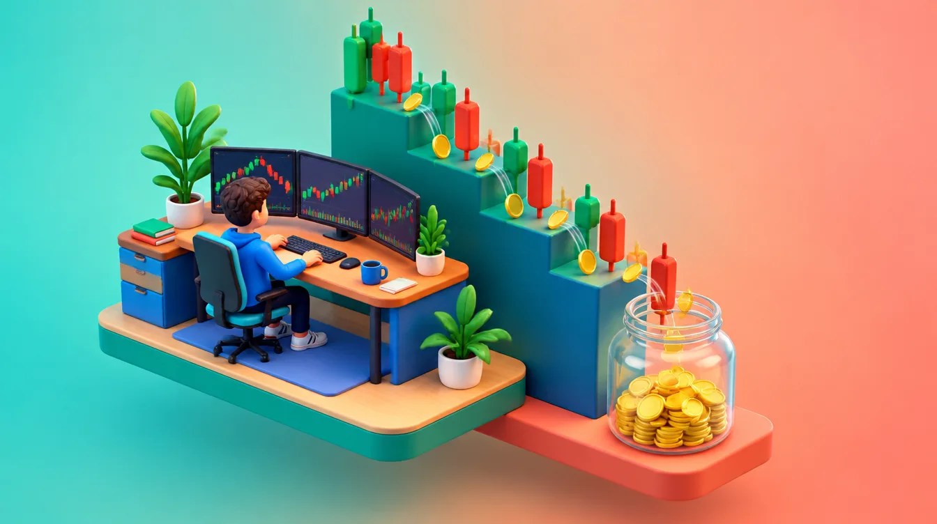 Futures tick value shown as a colorful trading desk with chart steps dropping coins into a jar