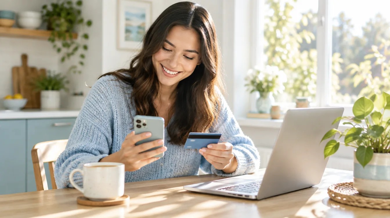 Woman checking her credit utilization ratio on a banking app at her kitchen table