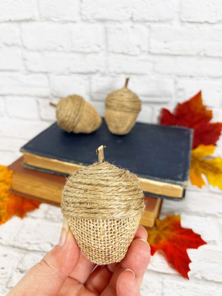 Dollar Tree Acorn Craft Easter Eggs Creatively Beth #creativelybeth #dollartree #eastereggs #acorns #craft #diy #fall #autumn #thanksgiving #burlap