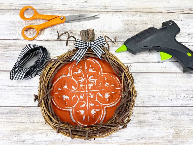 Dollar Tree Pumpkin Wreath Faux Tin Tile Creatively Beth #creativelybeth #dollartree #pumpkin #wreath #tintile #doorhanger #homedecor #thanksgiving #fall #autumn #diy #craft