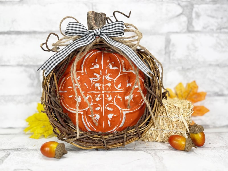 Dollar Tree Pumpkin Wreath Faux Tin Tile Creatively Beth #creativelybeth #dollartree #pumpkin #wreath #tintile #doorhanger #homedecor #thanksgiving #fall #autumn #diy #craft