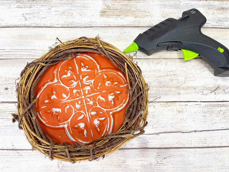 Dollar Tree Pumpkin Wreath Faux Tin Tile Creatively Beth #creativelybeth #dollartree #pumpkin #wreath #tintile #doorhanger #homedecor #thanksgiving #fall #autumn #diy #craft