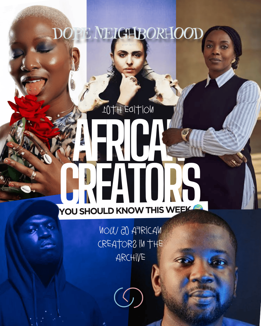 A collage featuring diverse African creators, showcasing portraits of various artists. The text highlights the 10th edition of an initiative titled 'African Creators You Should Know This Week'.