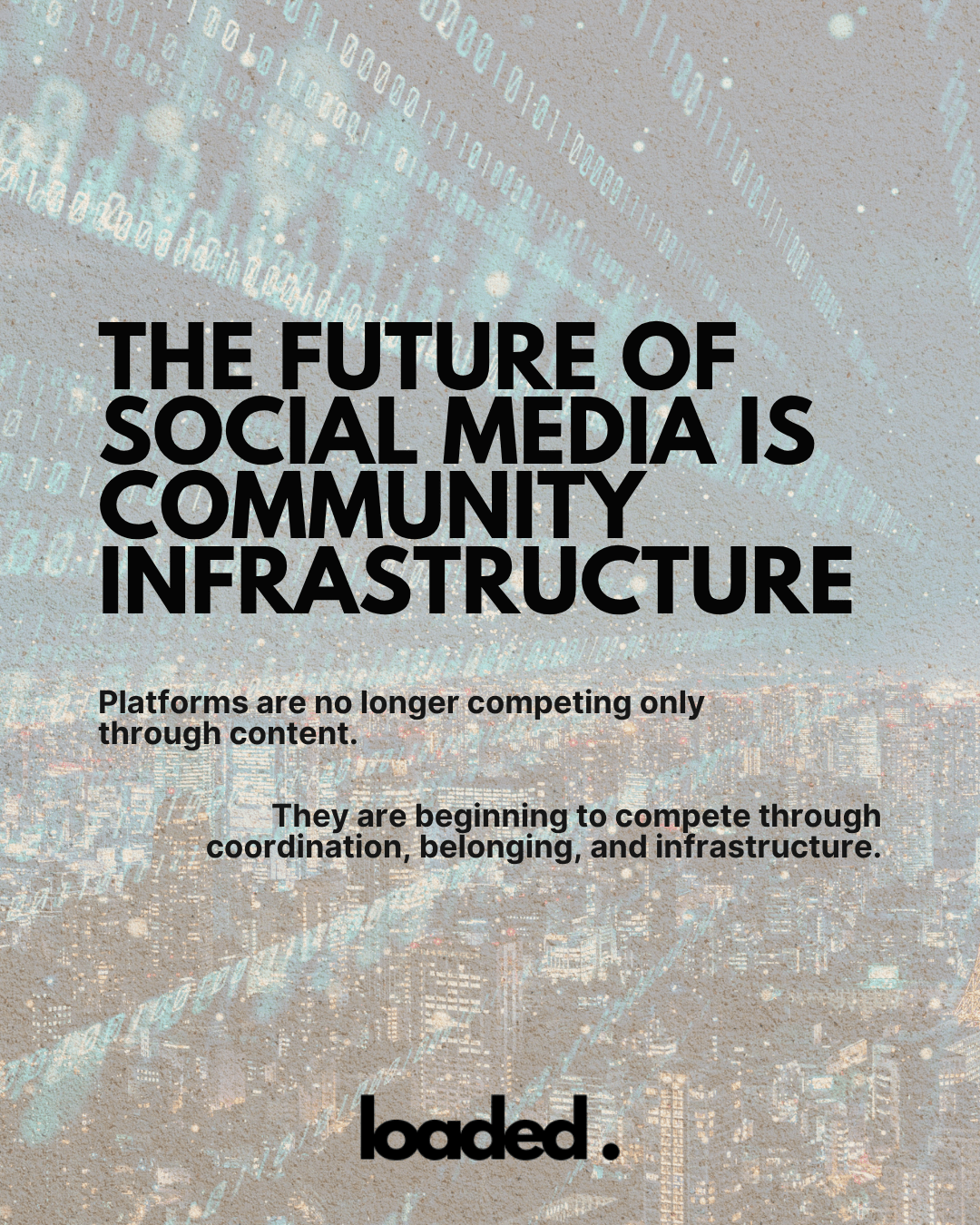 Text graphic discussing the future of social media as community infrastructure, emphasizing competition through coordination and belonging.