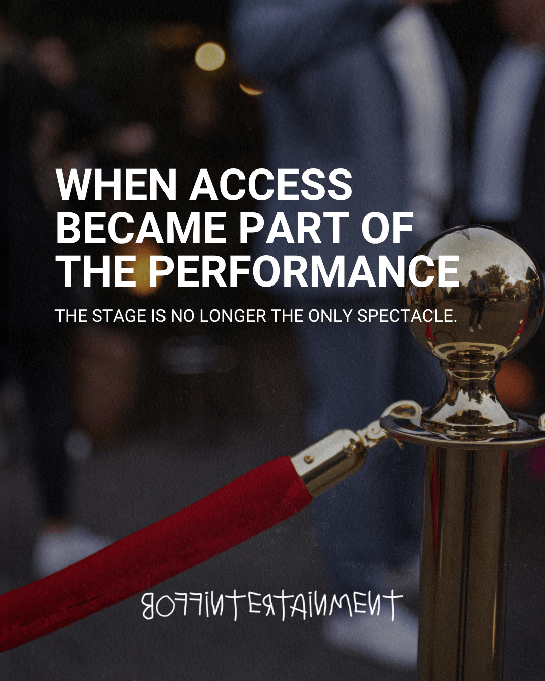 A red velvet rope barrier and golden stanchion with blurred figures in the background, featuring text about accessibility in performances.