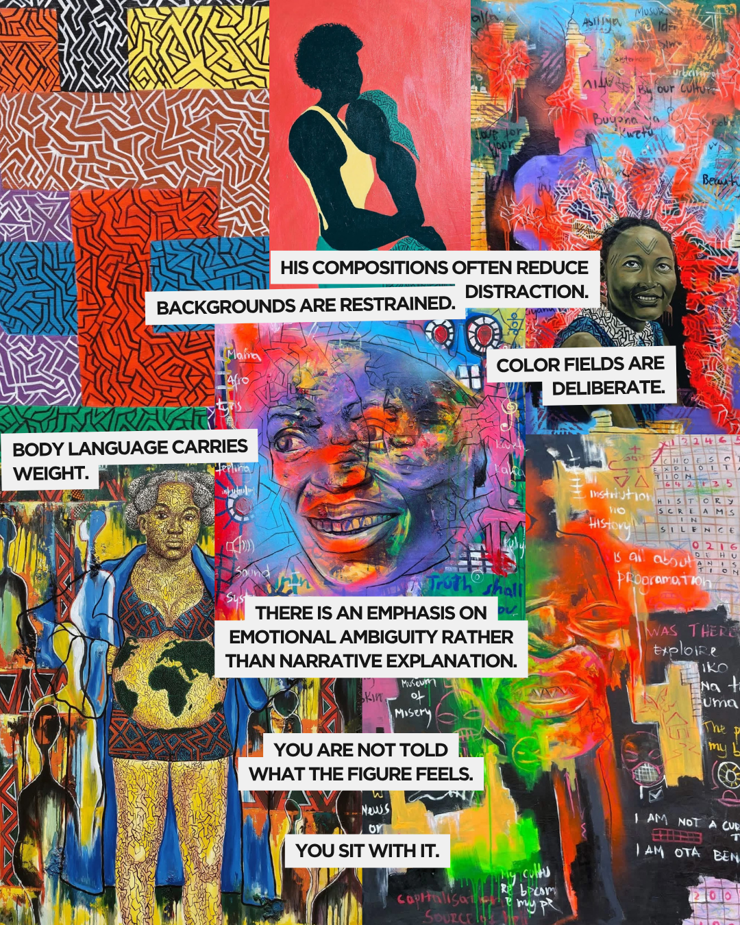 A vibrant collage of various painted backgrounds and figures, showcasing diverse artistic expressions. The composition features silhouettes, colorful patterns, and stylized human faces, accompanied by text highlighting themes of body language, emotional ambiguity, and the restrained use of backgrounds in the artwork.