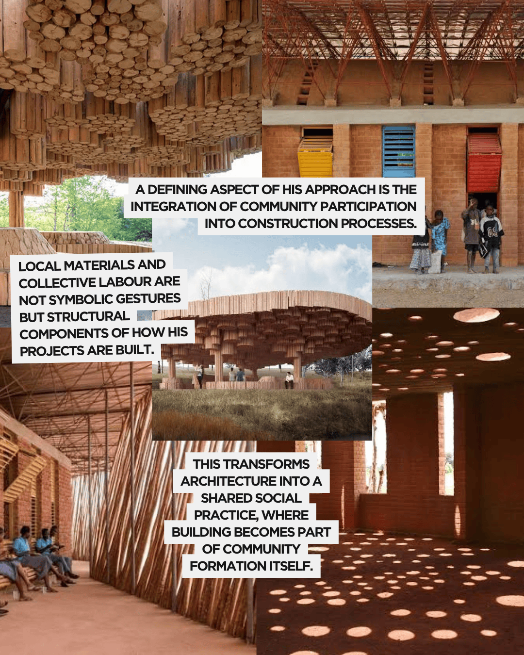 An image collage featuring innovative architecture using local materials and community labor.