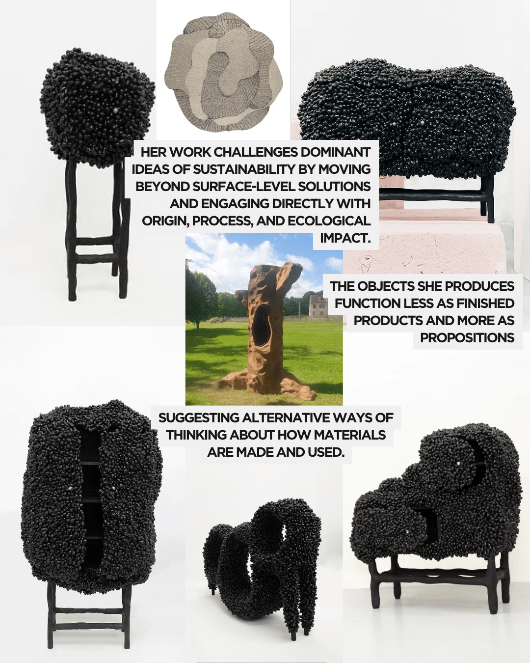 A sculptural piece featuring a textured, organic form made from black materials, resembling furniture.
