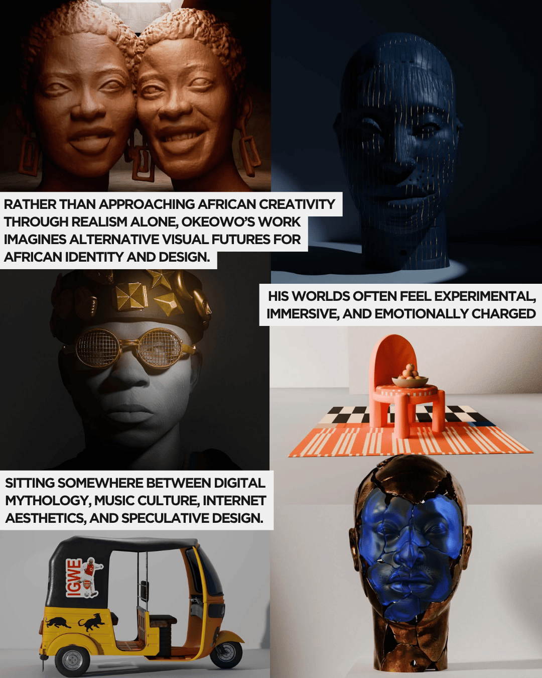 A split image featuring artistic representations of African identity and design, showcasing a sculpture of two women, a digital bust, a man wearing unique sunglasses, a vibrant chair and table setup, and a fragmented blue sculpture.