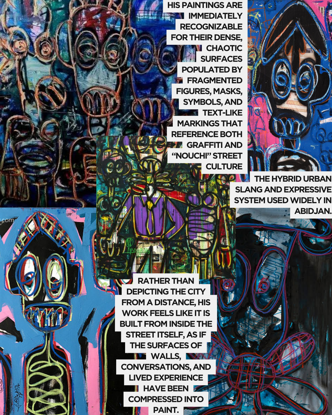 A collage of abstract paintings featuring dense, chaotic surfaces with fragmented figures, masks, and vibrant colors, reflecting street culture and graffiti influences.