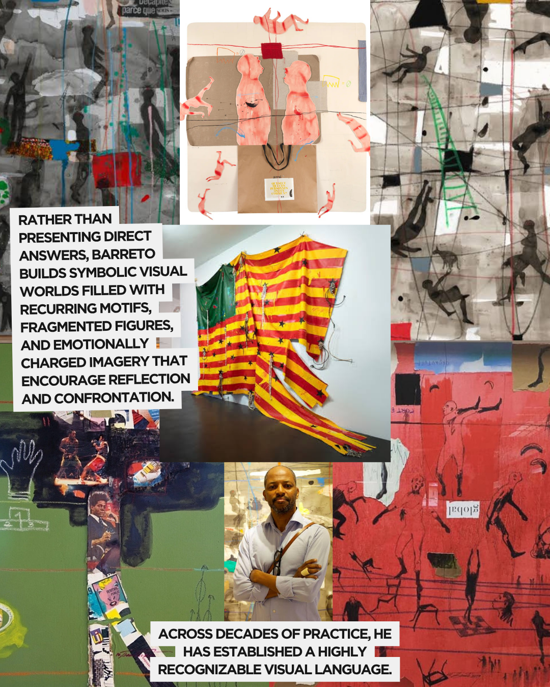 A collage of abstract artworks featuring fragmented figures, symbolic motifs, and layered imagery, along with a colorful fabric piece resembling a flag.