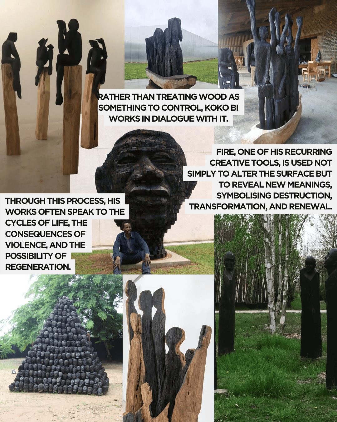 A collage of sculptures made from wood, showcasing various artistic interpretations including figures seated and standing on wooden bases.