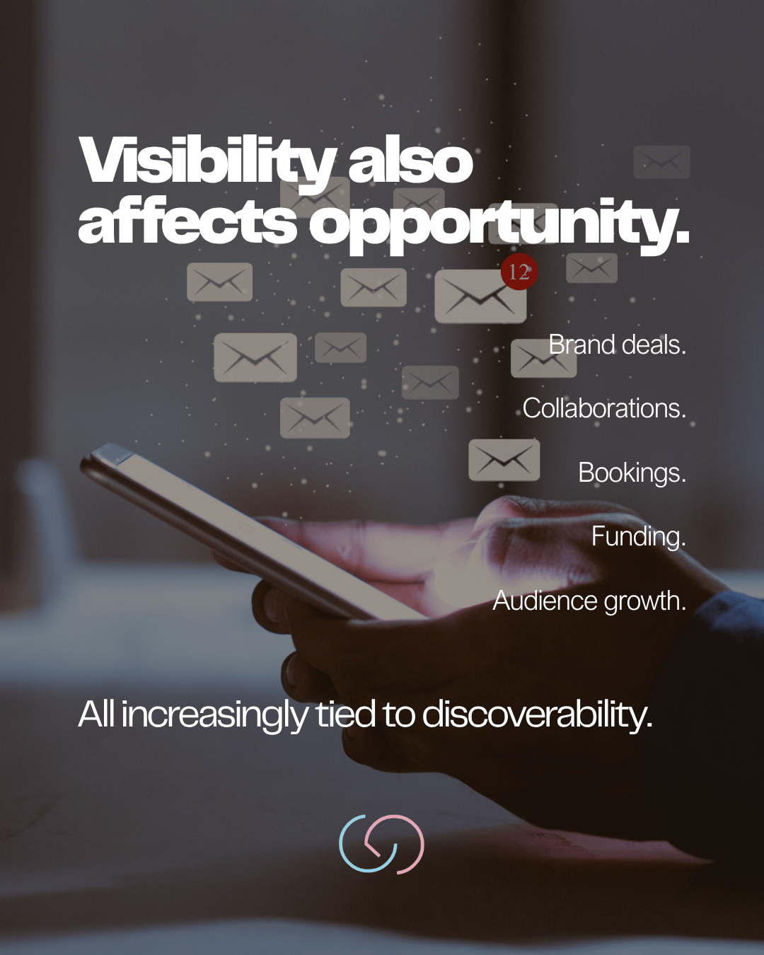 A person holding a smartphone with notifications and messages related to visibility and opportunities, including brand deals, collaborations, bookings, funding, and audience growth.