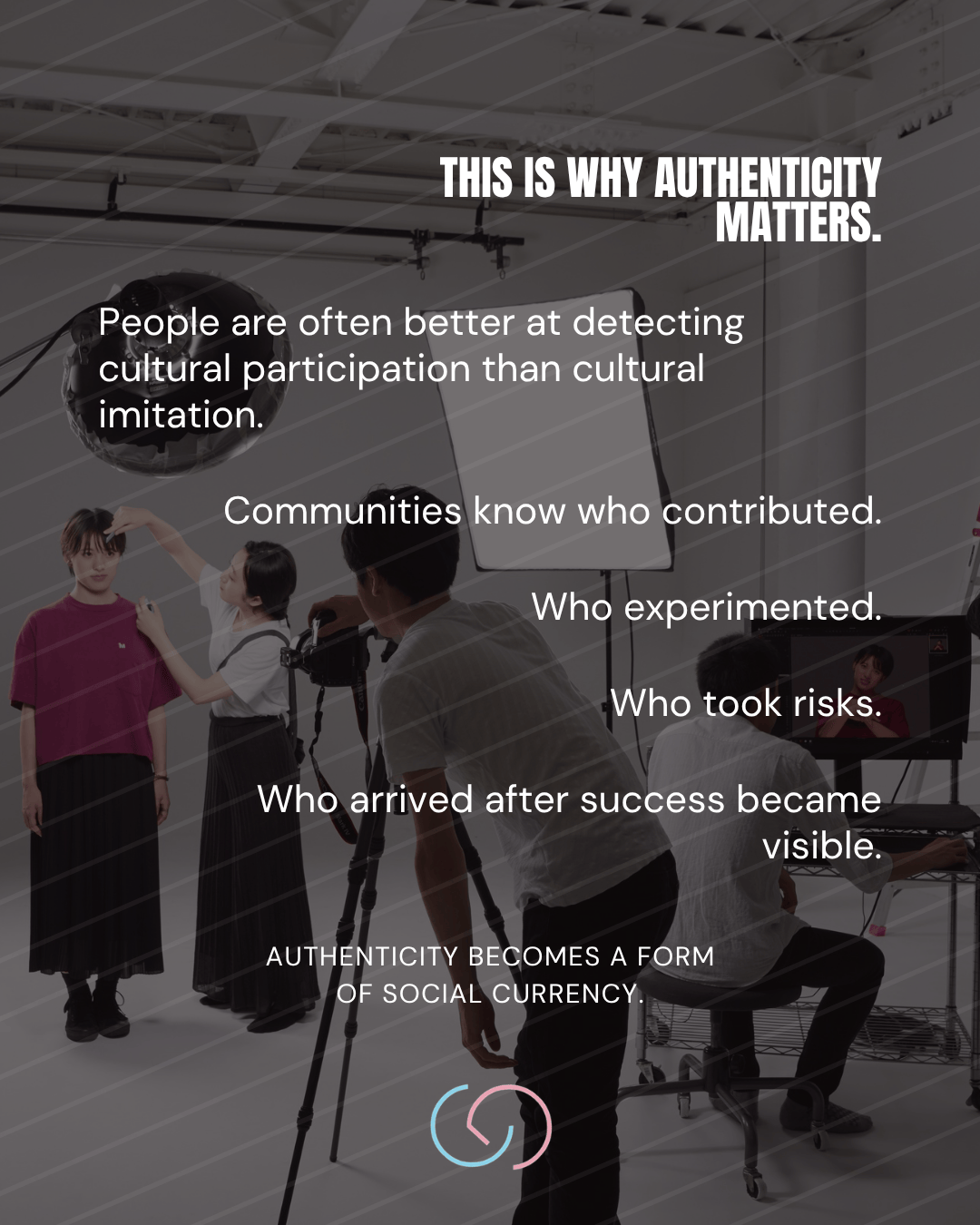 A group of individuals engaged in a creative setting, with a person in front of a camera and another observing on a monitor, highlighting the theme of authenticity in cultural participation.