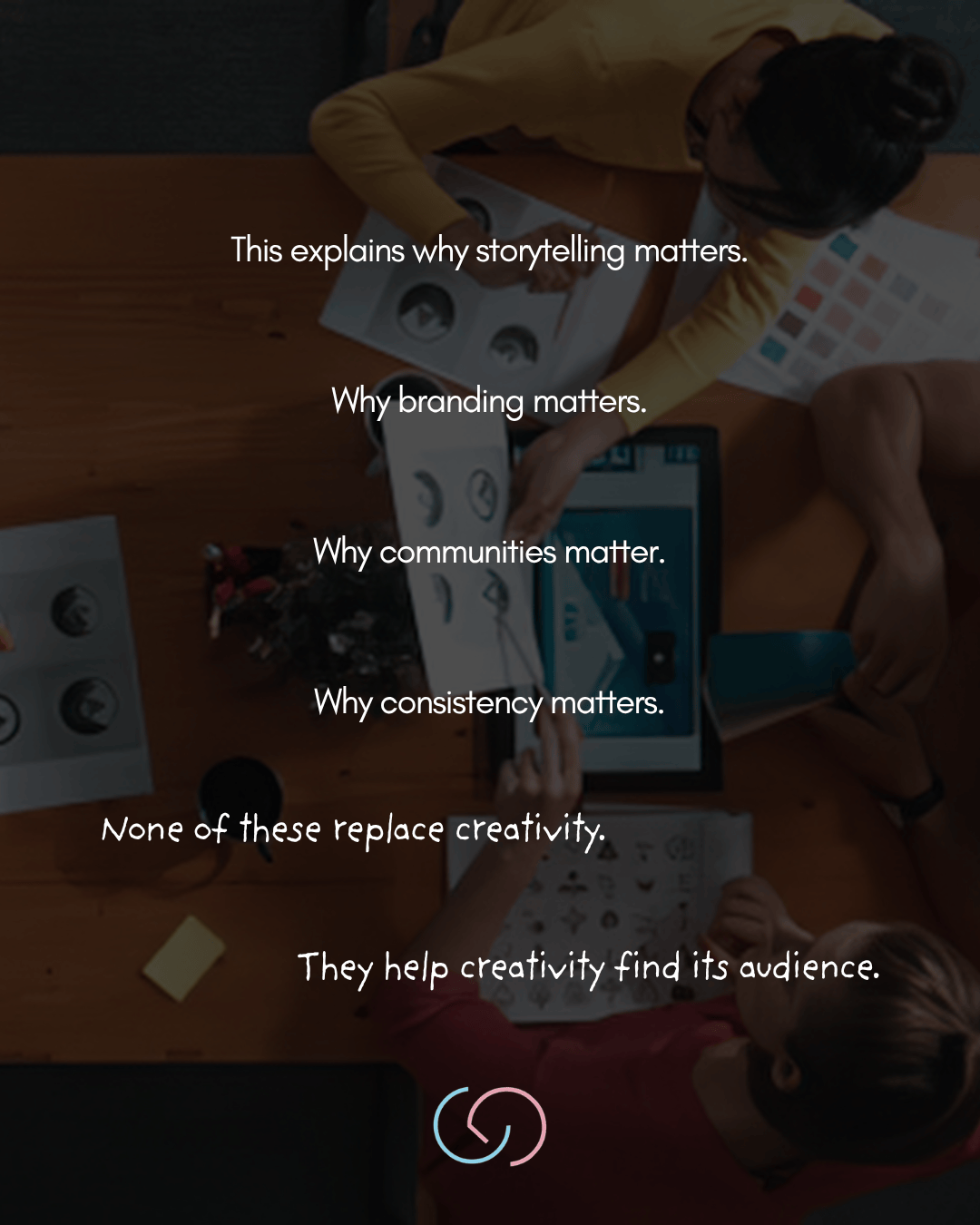 Aerial view of a workspace with people discussing branding, storytelling, and creativity, surrounded by design materials and tools.